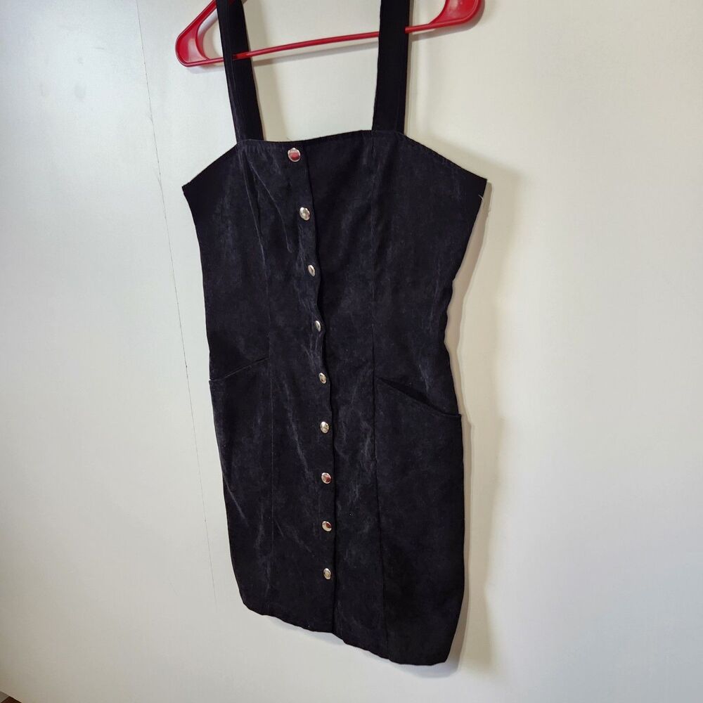 Black Corduroy Button Front Mini Dress Pinafore Style Pockets Size M - Picture 2 of 13